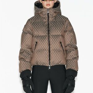 NWT Zara Brown Patterned Ski Down Jacket with Black Accents